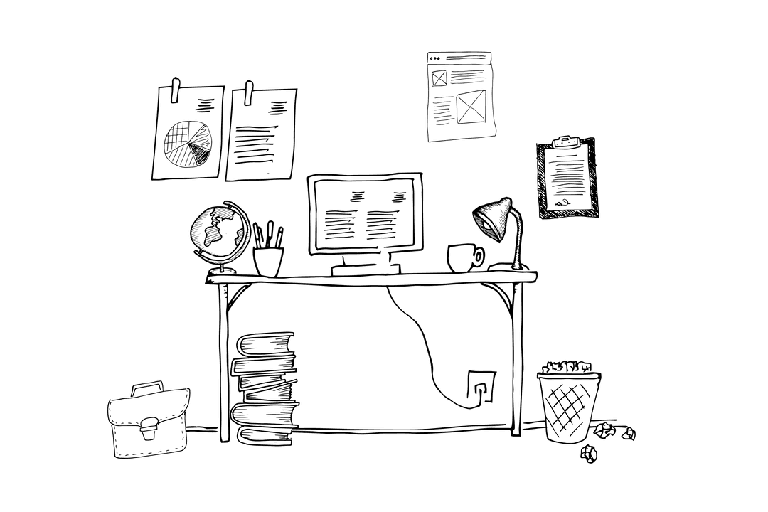 Transparent Office Desk with Globe and Computer Design