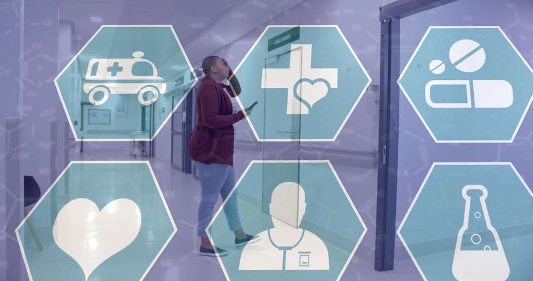Healthcare Icons Overlay with Concerned Woman in Hospital Corridor