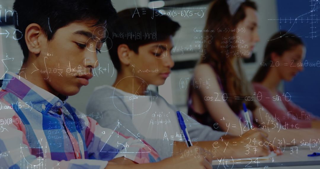 Diverse Students Studying Math Concepts with Digital Overlay