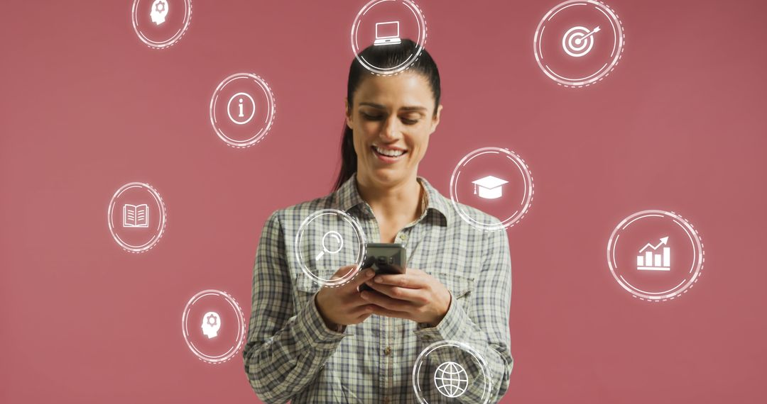 Smiling Woman Using Smartphone with Infographic Icons on Pink Background - Free Images, Stock Photos and Pictures on Pikwizard.com