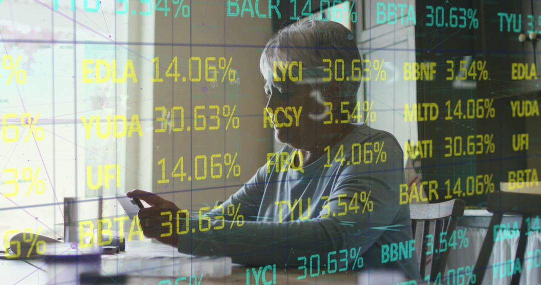 Senior Woman Analyzing Financial Data on Smartphone with Digital Overlay