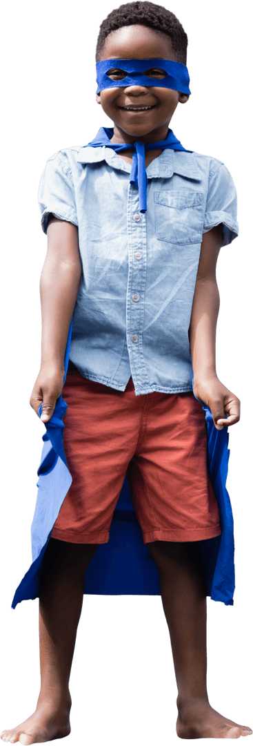 Transparent Joyful Boy Playing Superhero in Blue Cape