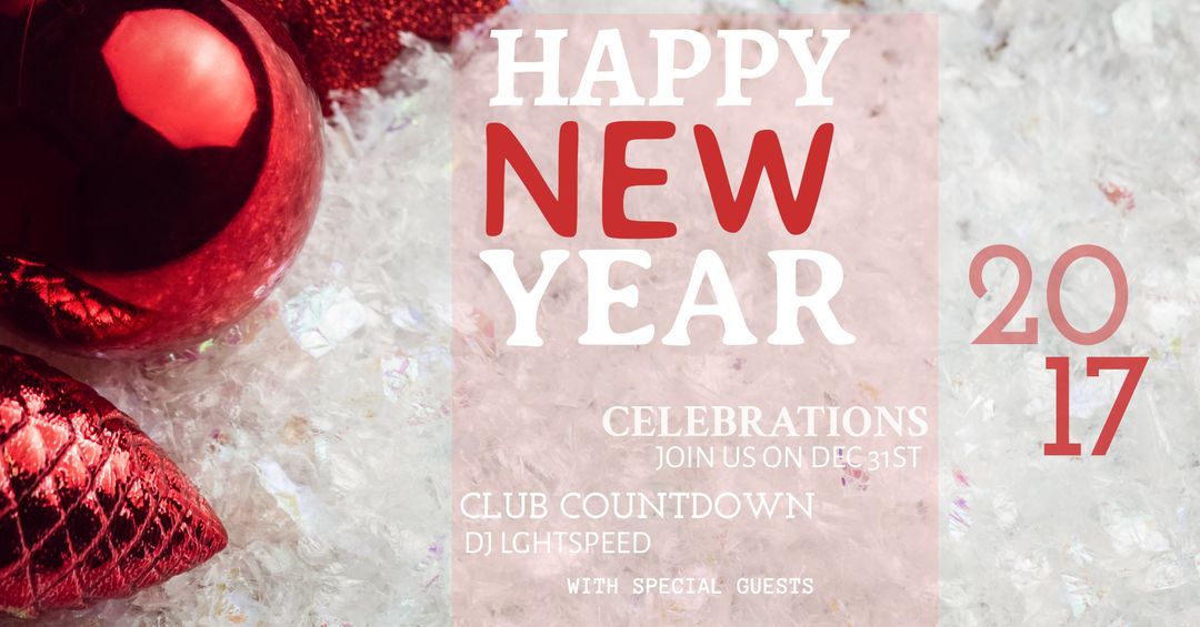 Festive New Year Celebration with Sparkling Red Ornaments on Snow