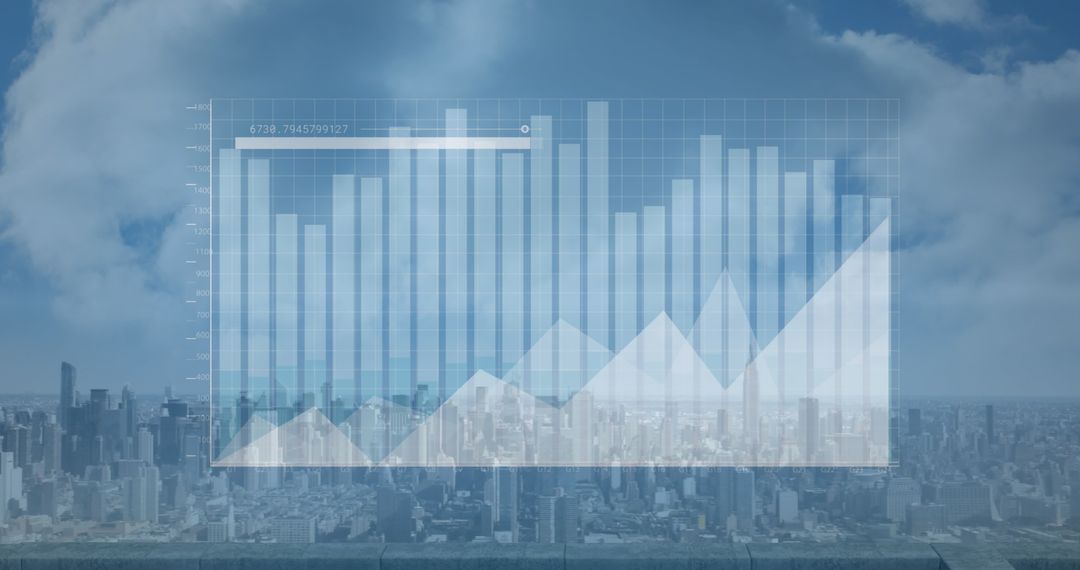 Statistical Data Overlay on Cityscape with Blue Sky Background