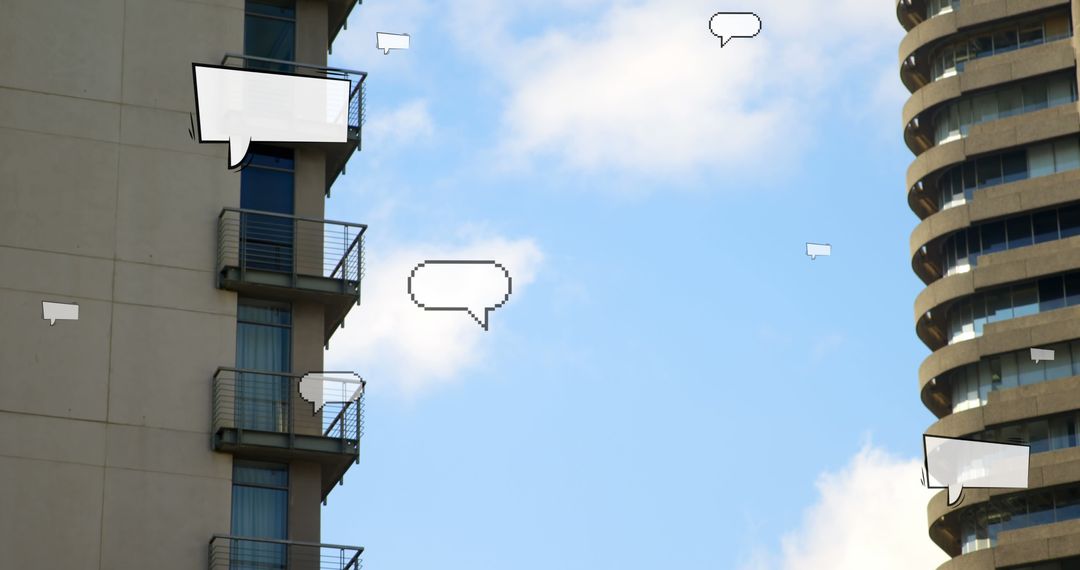 Speech Bubbles Floating Over Modern Urban Skyline