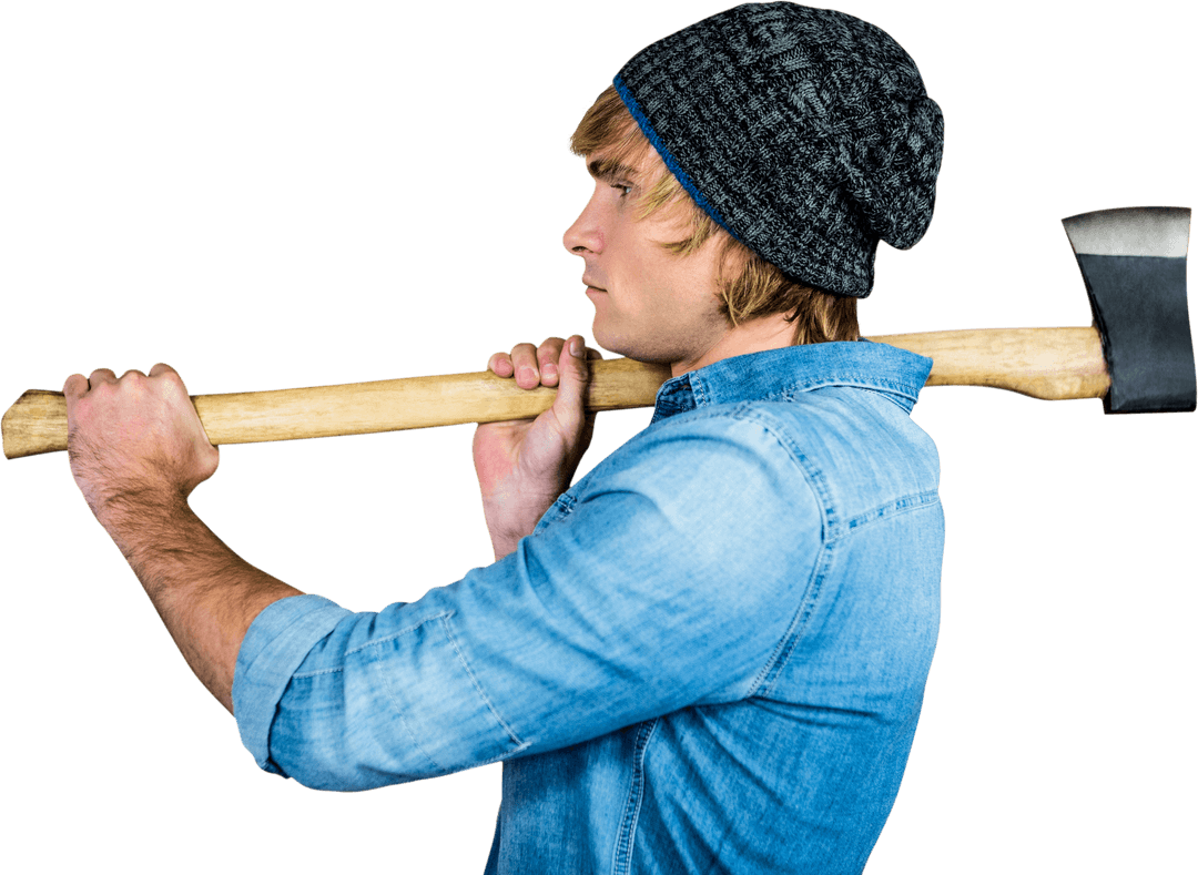 Hipster Holding Axe in Transparent Pose and Denim Shirt