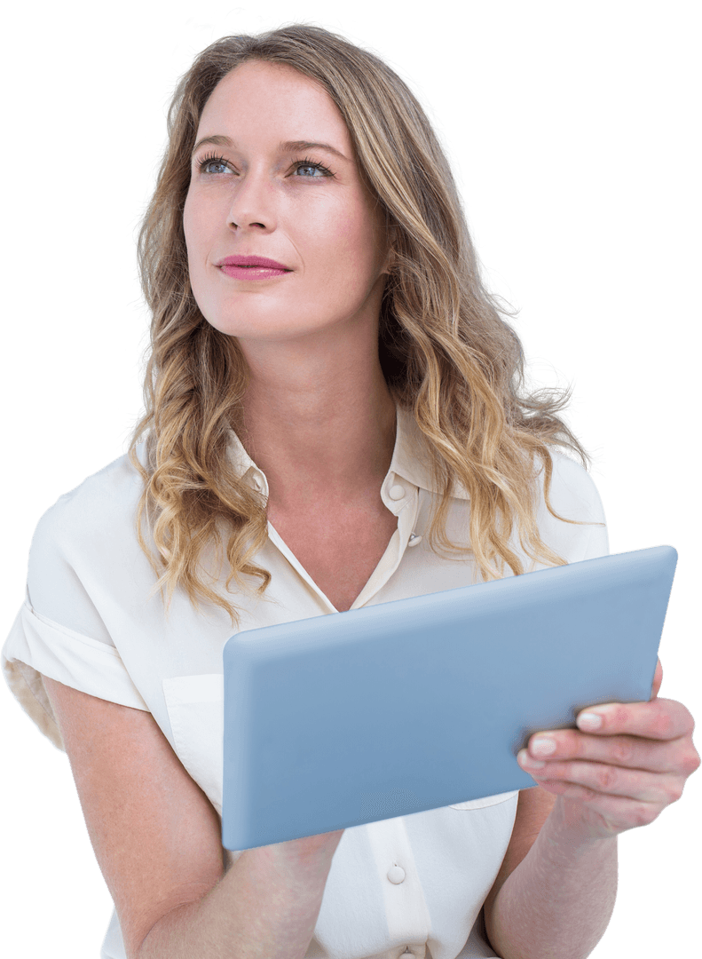 Thoughtful Woman Using Tablet with Transparent Image Effect
