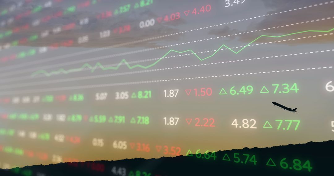 Soaring Stock Charts With Airplane Taking Off at Sunset