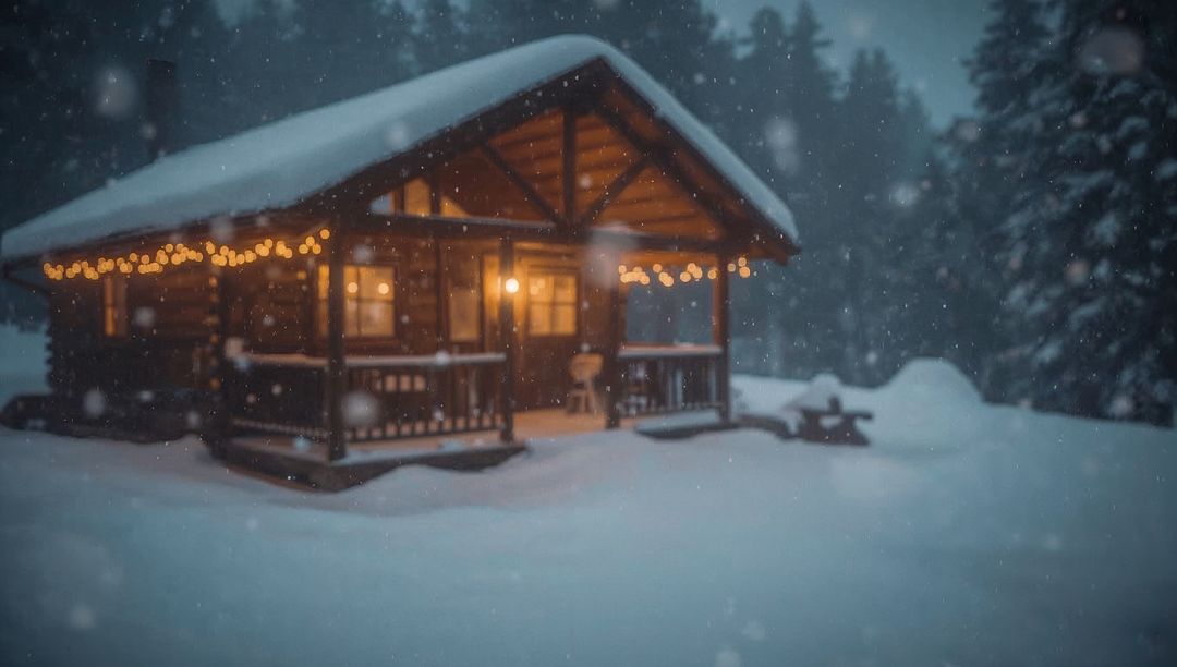 Glowing Rustic Log Cabin in Snowy Forest at Twilight with Fairy Lights and Soft Snowfall