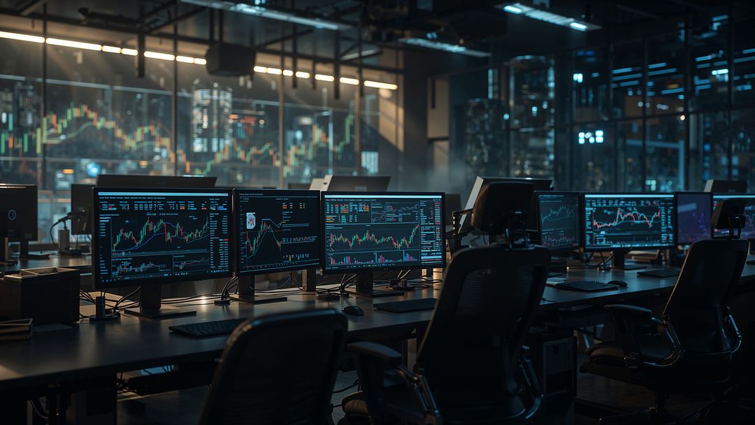 Modern online trading room with multiple monitors displaying market charts
