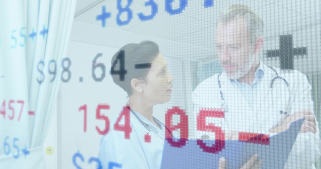 Doctors Analyzing Patient Chart with Numeric Overlay in Healthcare Setting