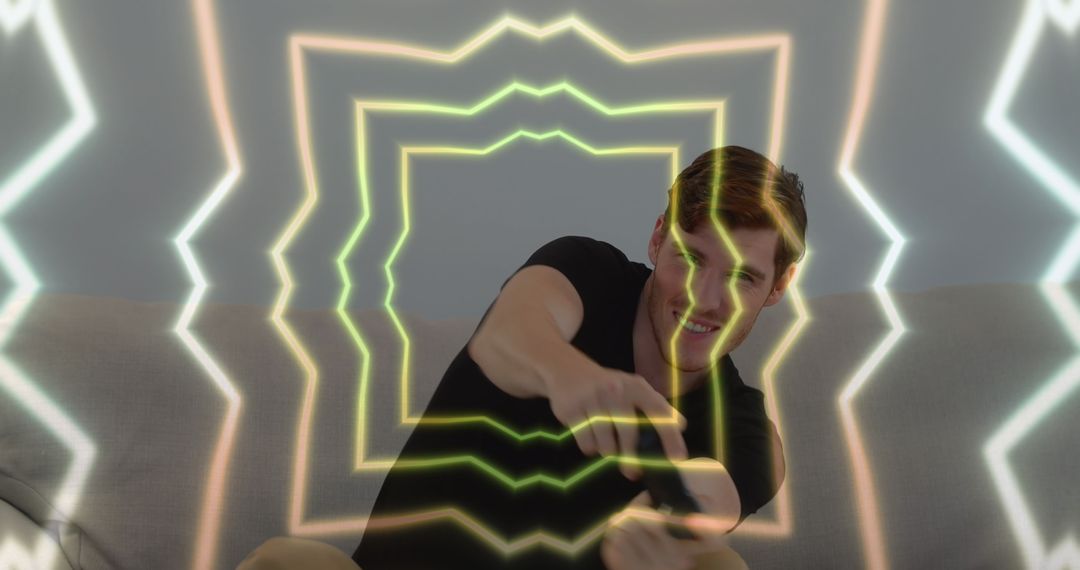 Caucasian Man Immersed in Virtual Reality with Neon Light Effects
