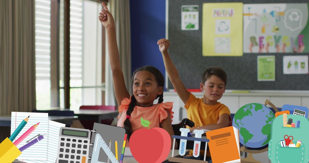 Engaged Students in Classroom with Educational Icons Overlay