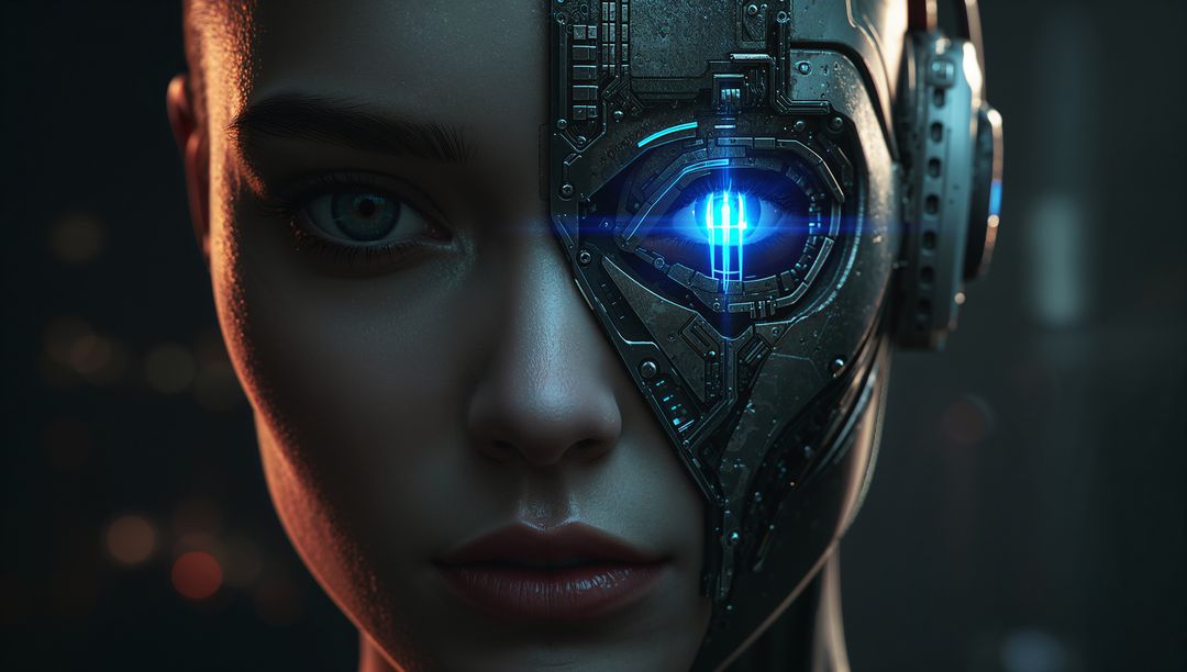Female Cyborg with Futuristic Interface Illuminating in Darkness