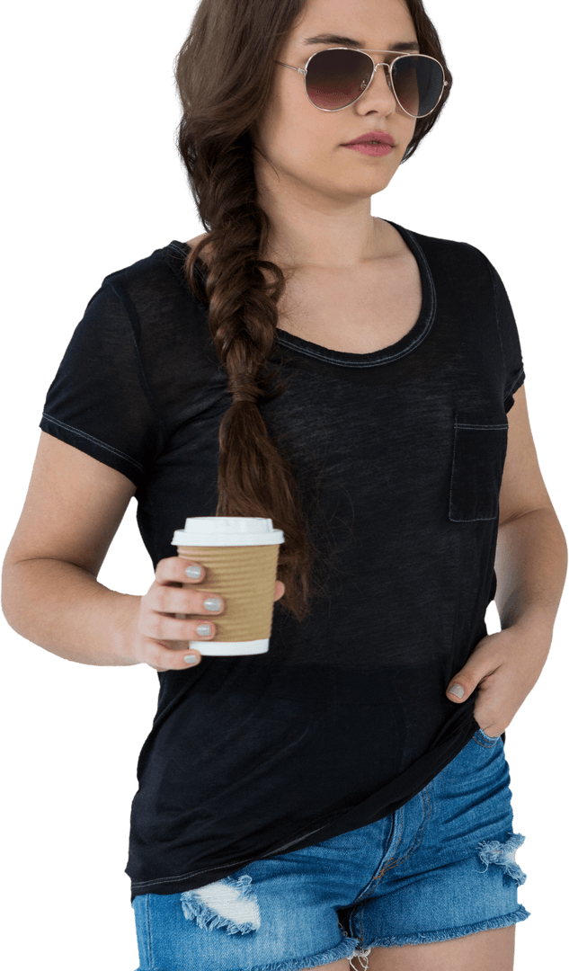 Transparent Casual Fashion Model with Coffee and Sunglasses