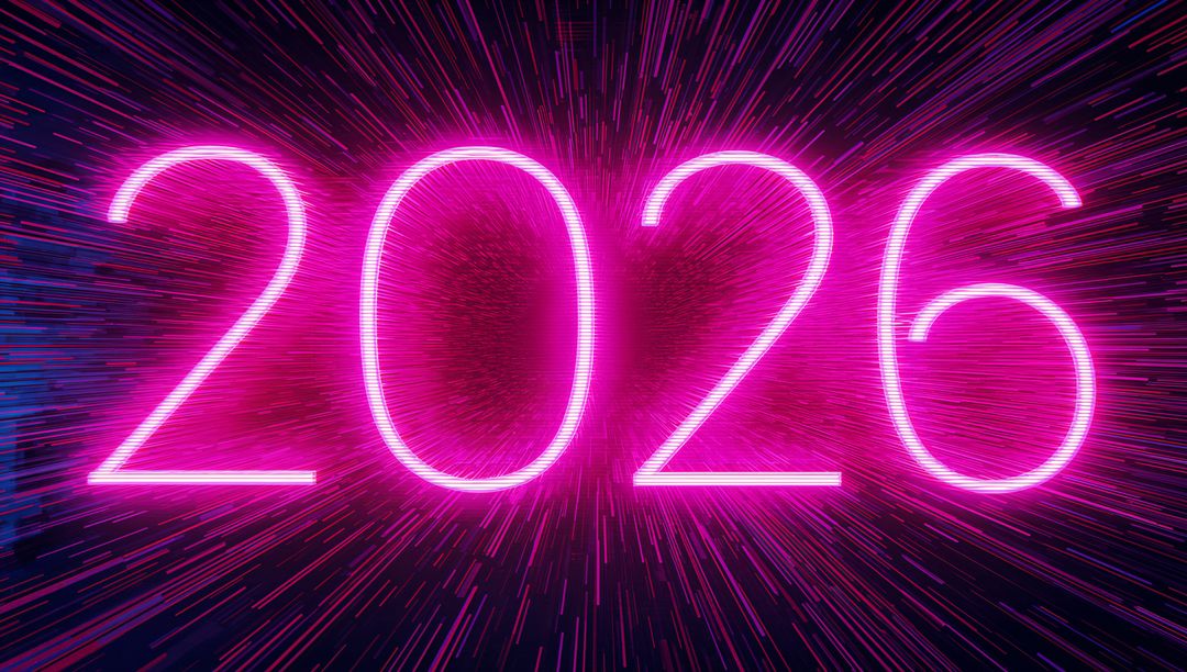 Glowing Neon 2026 Countdown Numbers Radiating Futuristic Magenta and Cyan Light Burst