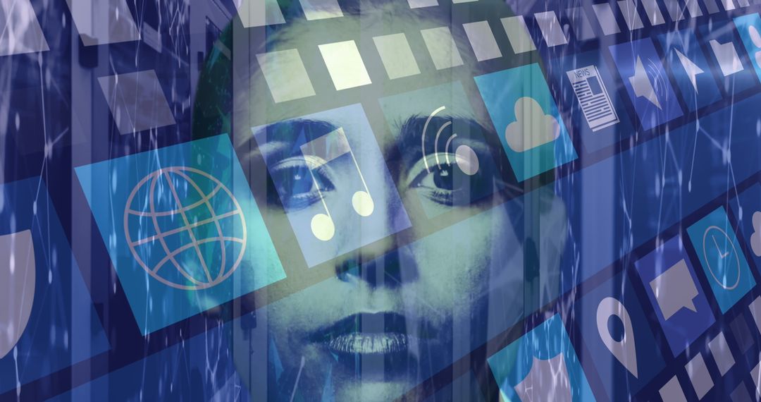 Futuristic Social Media Interface Overlaying Woman's Face