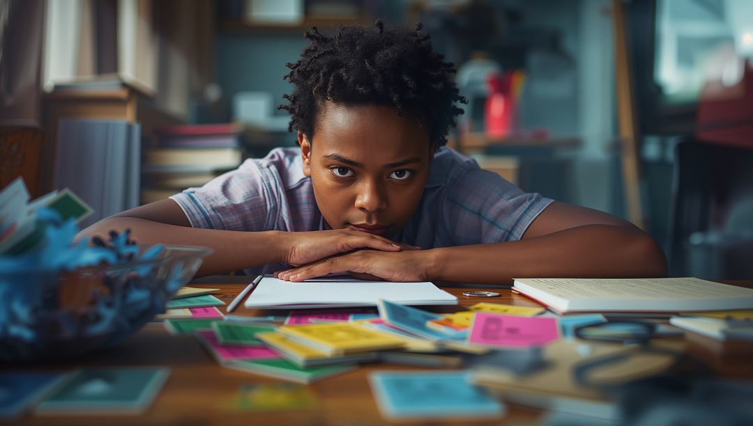 Focused Student Amidst Colorful Sticky Notes Planning Study Session