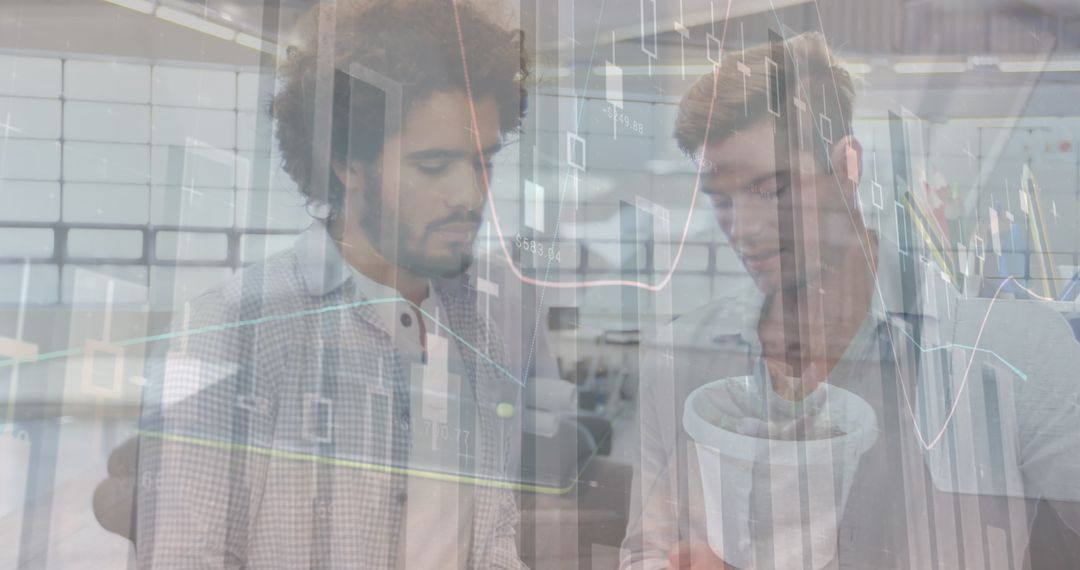 Businessmen Discussing Insights with Financial Data Overlay