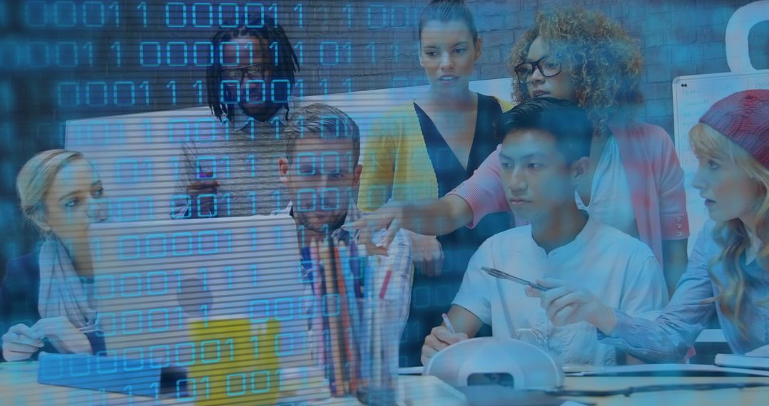 Team Collaboration with Digital Binary Code Overlay