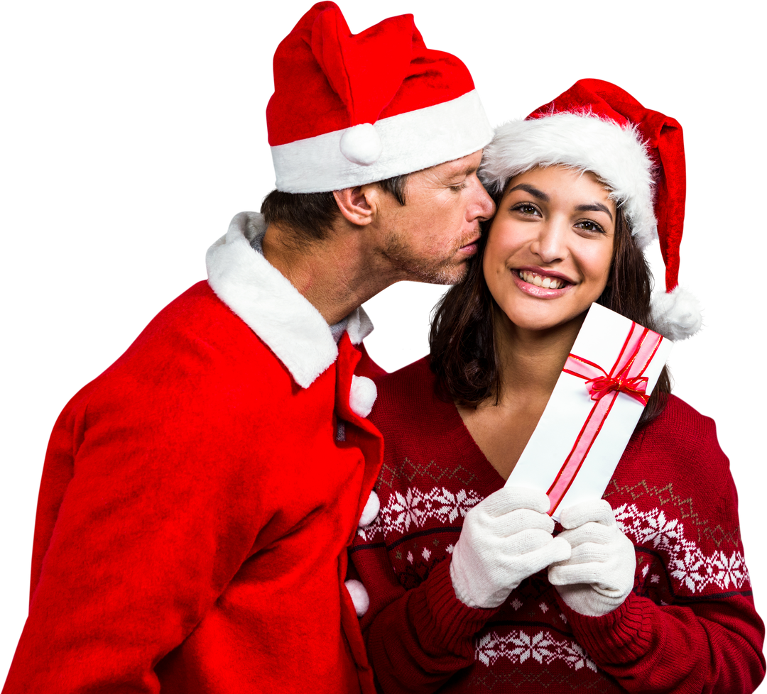 Smiling Couple in Santa Hats Exchanging Christmas Gift Transparent Background - Download Free Stock Images Pikwizard.com