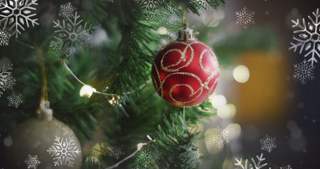 Festive Christmas Tree Adorned with Red Bauble and Snowflake Overlay
