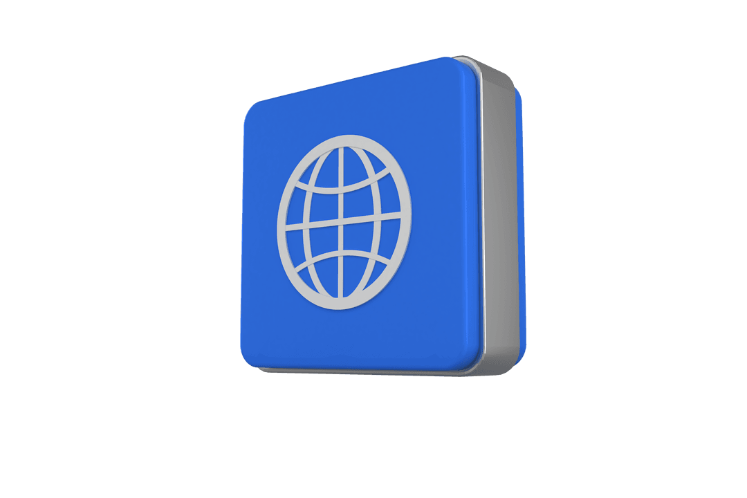 3D Globe Icon on Blue Cube Figure with Transparent Background