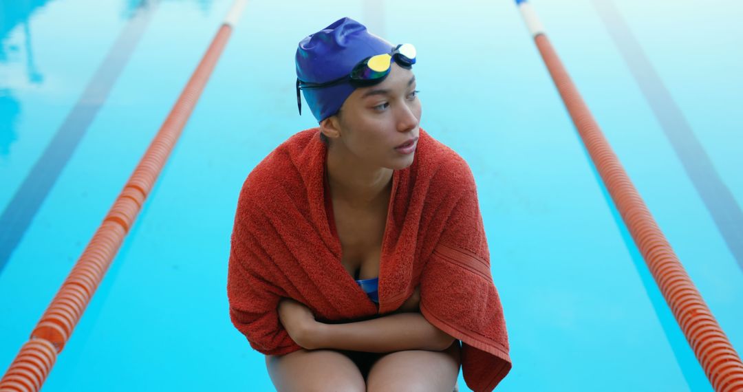 Pensive Swimmer Resting on Poolside Embraced with Red Towel - Free Images, Stock Photos and Pictures on Pikwizard.com