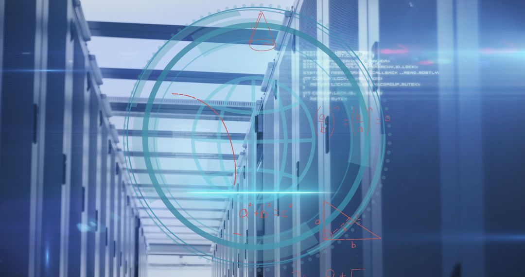 Futuristic Server Room with Data Overlay and Equations