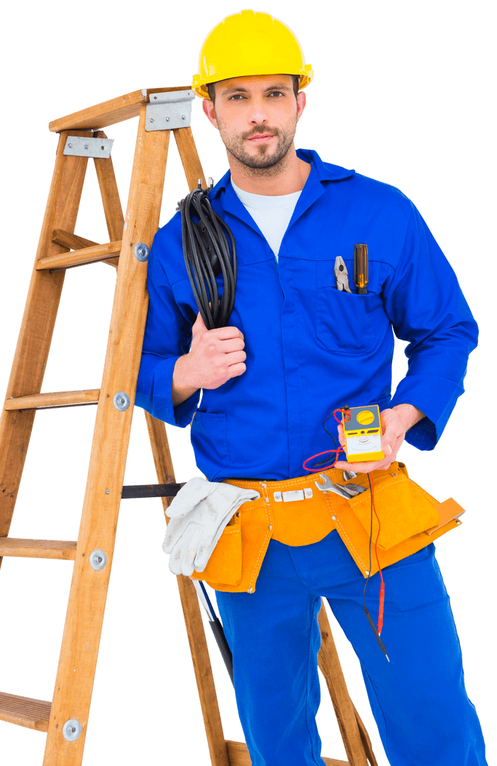 Confident Electrician Holding Cables and Multimeter on Transparent Background