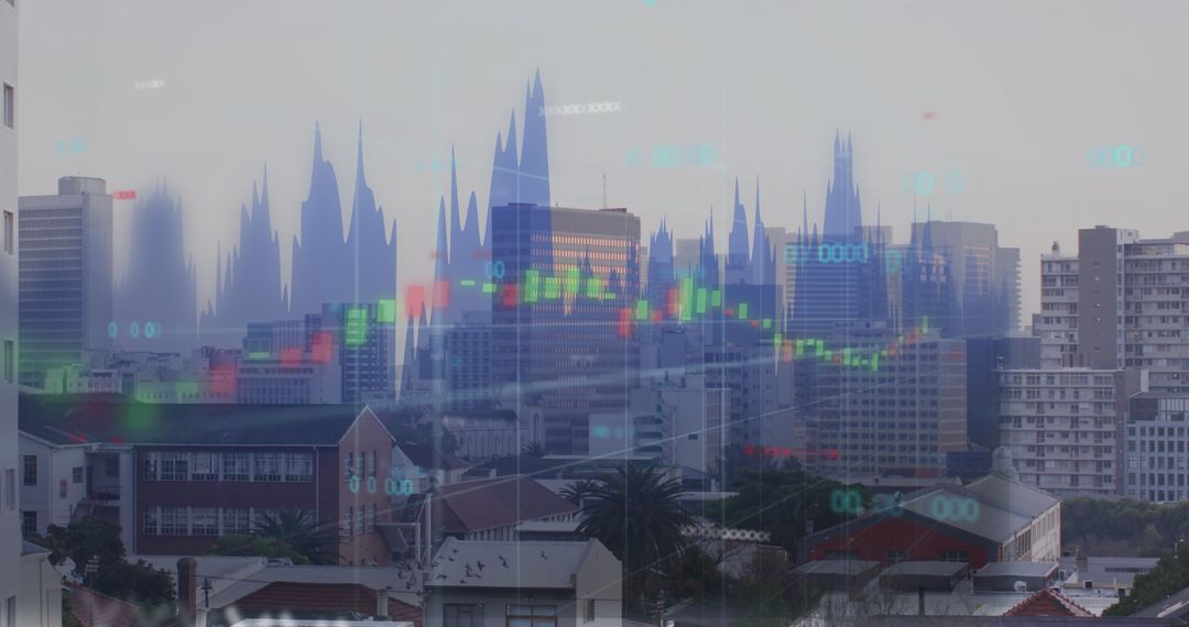 Financial Data Overlay on Cityscape with Stock Market Graphs