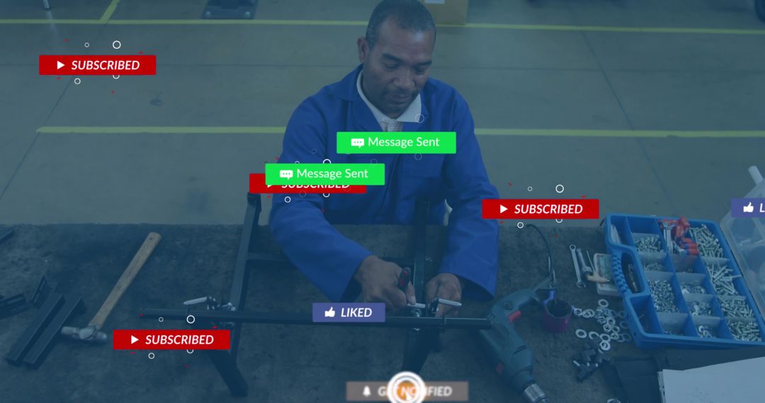 Technician Assembling Metal Frame with Social Media Overlays