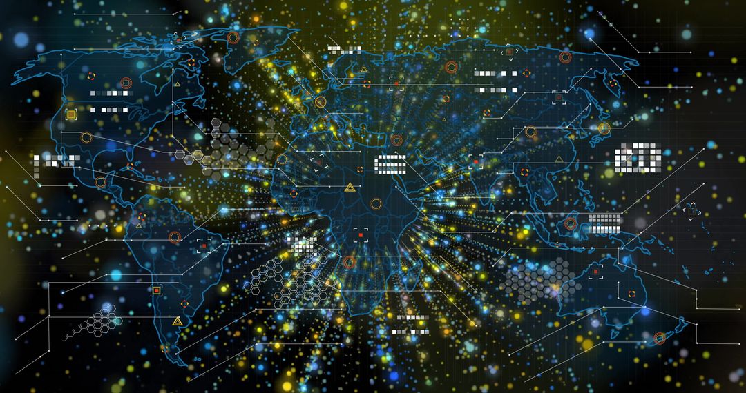 Futuristic World Map with Glowing Nodes and Data Connections