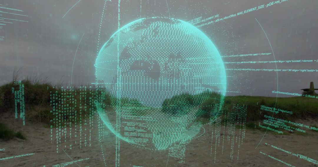 Holographic Global Data Orb Hovering Over Coastal Dunes with Streaming Teal Code