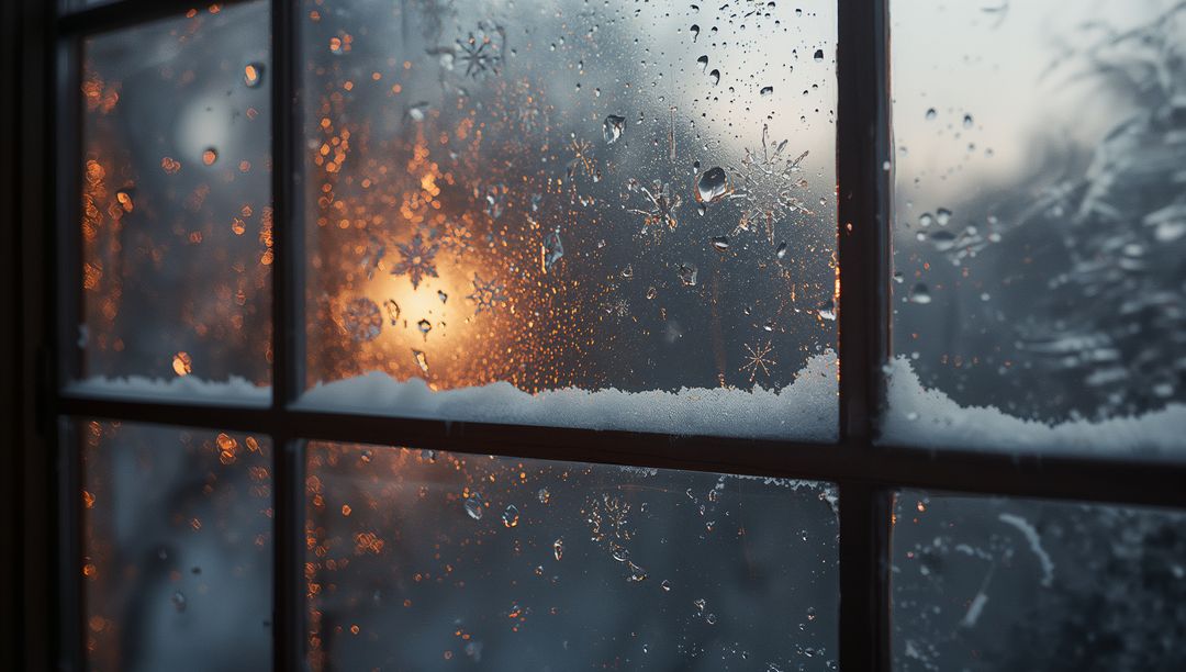 Frosted Window with Snowy Sill at Dusk