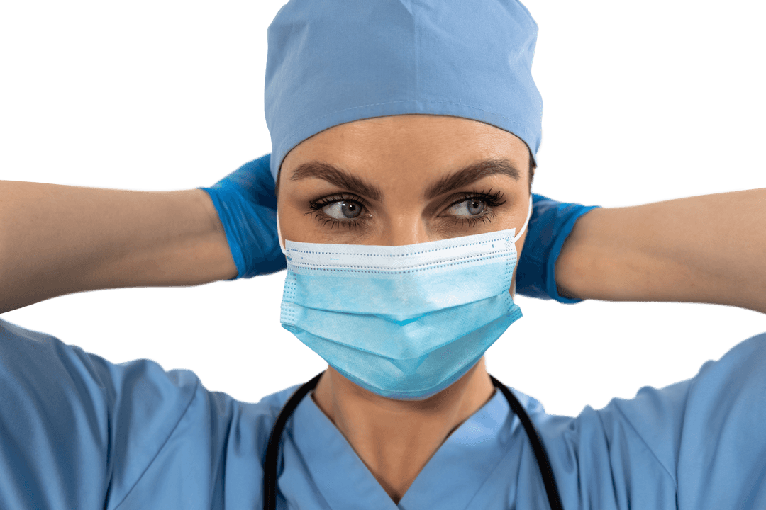 Transparent Health Worker Adjusting Medical Mask