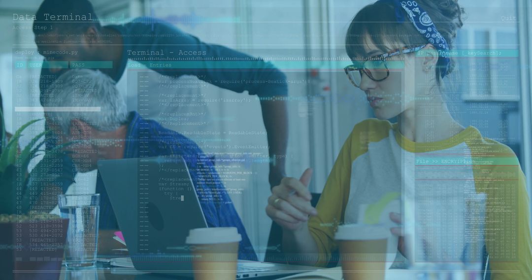 Hispanic Woman in Office Working on Laptop with Code Overlay