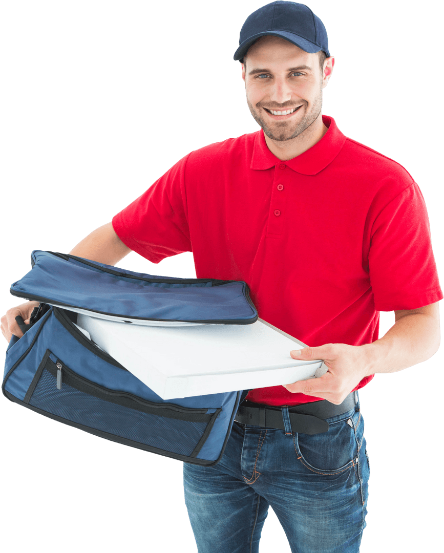 Smiling Transparent Delivery Man with Pizza Box in Red Uniform - Download Free Stock Images Pikwizard.com