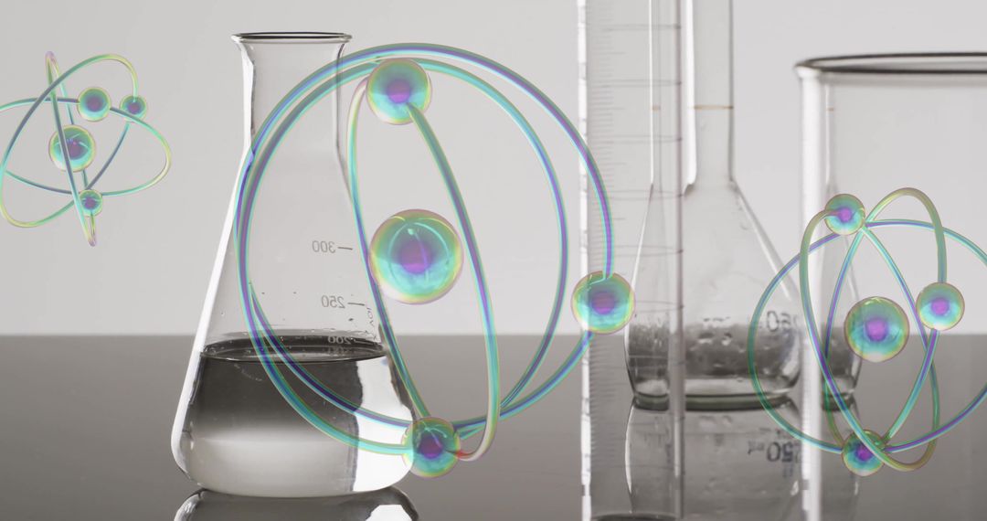 Atoms Moving Over Laboratory Equipment in Scientific Concept