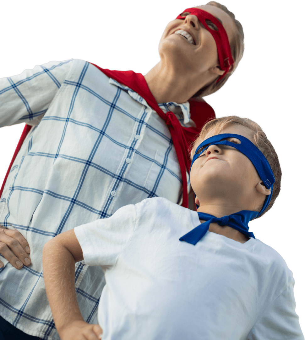 Joyful Mother and Son in Transparent Superhero Costumes