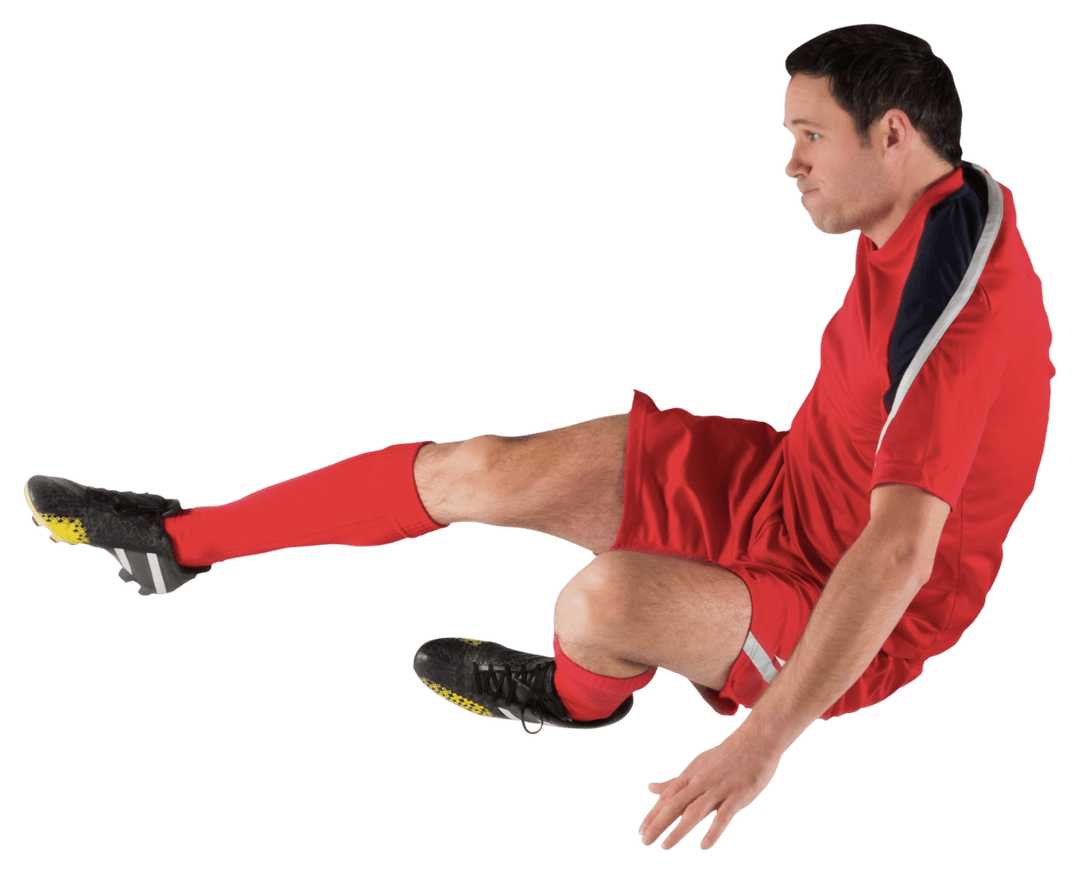 Transparent Dynamic Soccer Kick Action in Red Soccer Kit