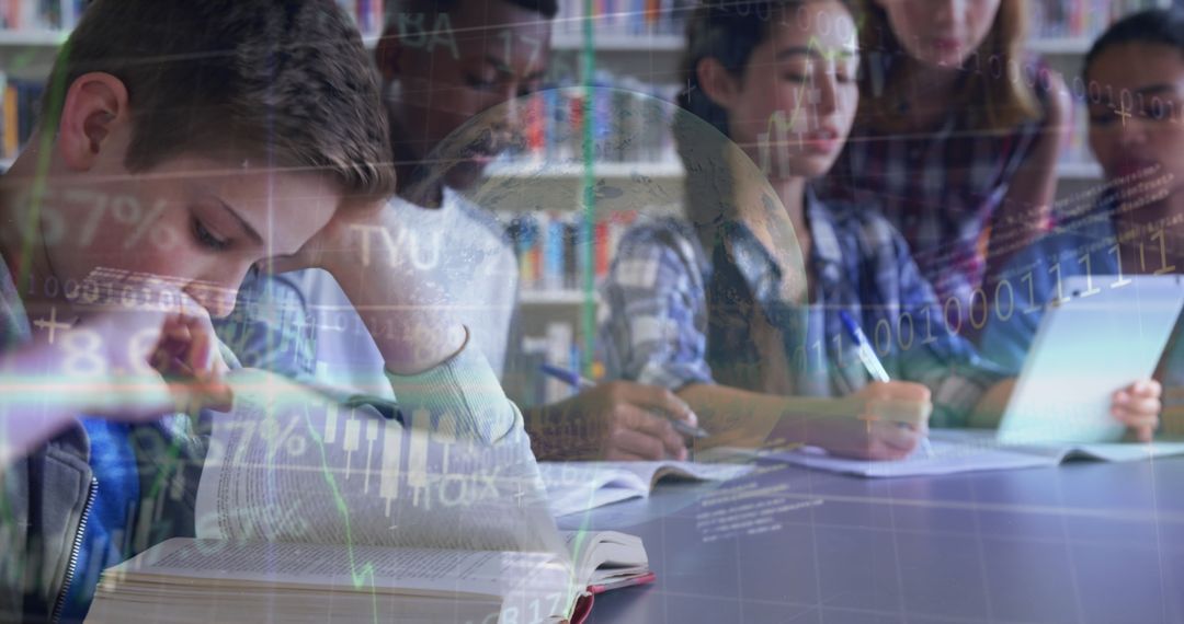 Students Studying in Library with Overlay of Stock Market Data