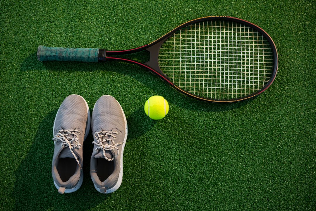 Overhead view of racket with tennis ball and sports shoes - Free Images, Stock Photos and Pictures on Pikwizard.com