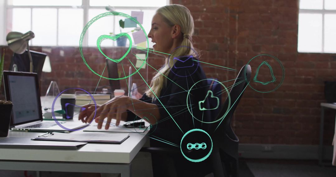 Woman Engaging Digital Network Concepts in Modern Office