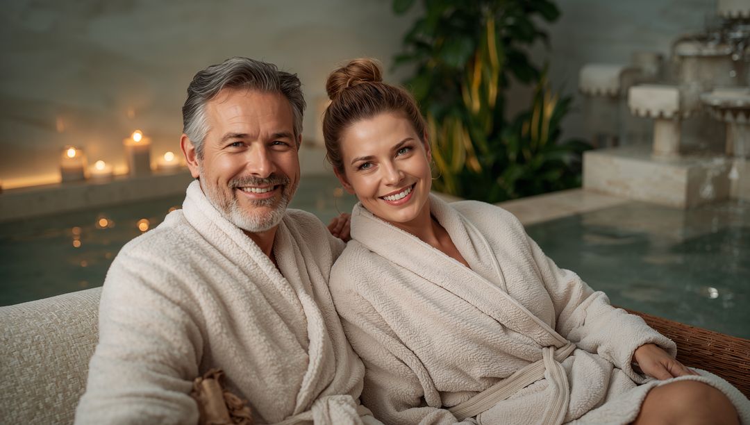 Couple Relaxing in Plush Bathrobes at Candlelit Spa by Indoor Pool Romantic Retreat