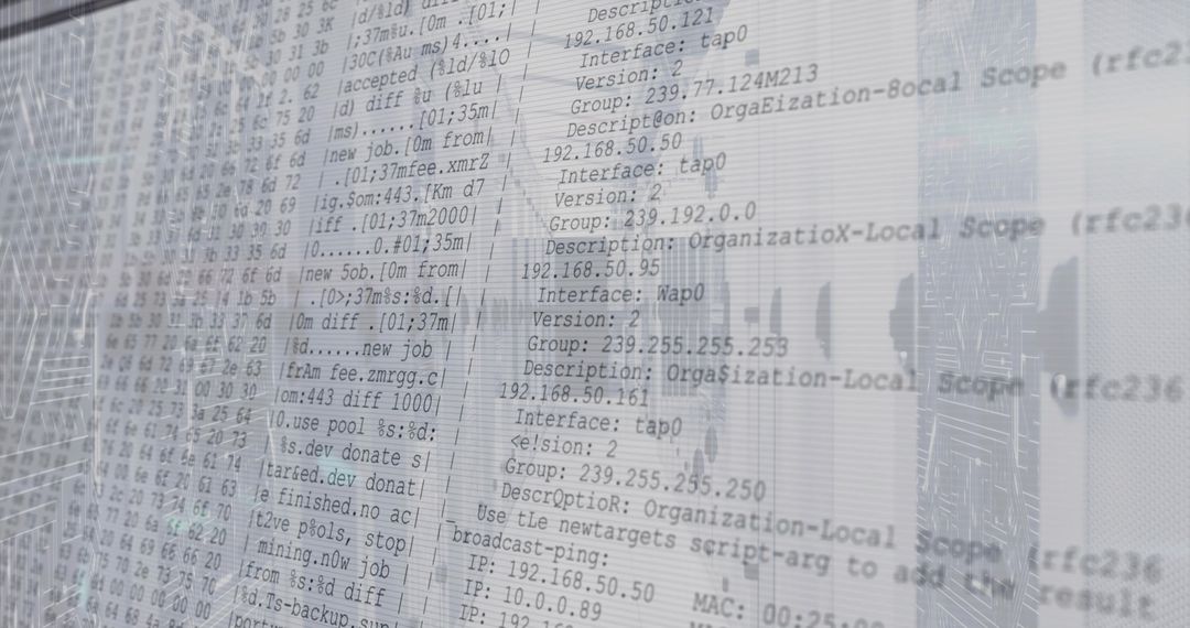 Translucent monitor displaying network logs with urban skyline reflection cybersecurity