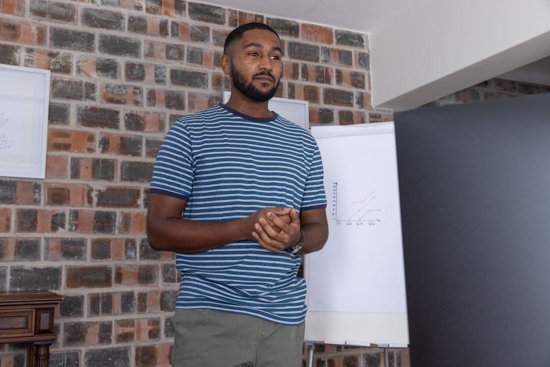 Man Presenting Data from Home with Flip Chart and Monitor