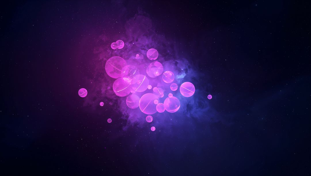 Glowing Pink-Purple Nebula Cluster of Translucent Floating Spheres and Holographic Orbs