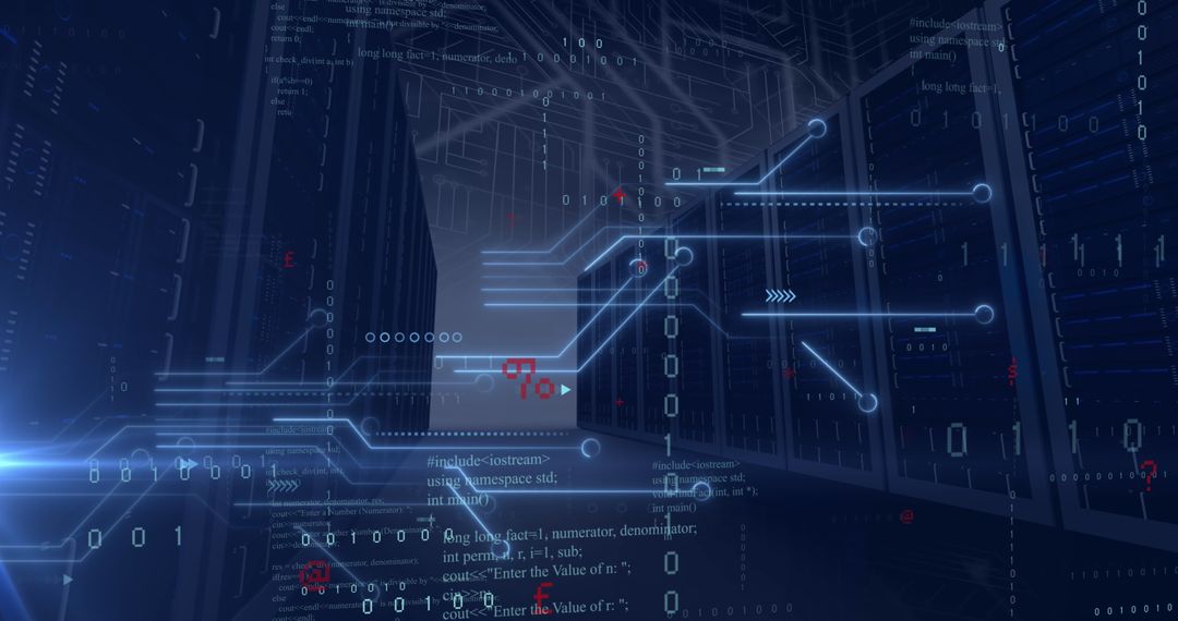 Abstract Binary Code Overlay on Futuristic Data Center - Free Images, Stock Photos and Pictures on Pikwizard.com