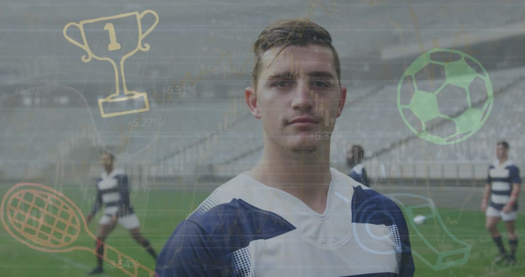 Focused Soccer Player on Field Background with Digital Sports Icons